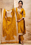 Woven Cotton Pakistani Suit in Mustard