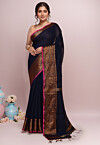 Woven Cotton Saree in Dark Navy Blue