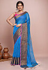 Woven Cotton Saree in Light Blue