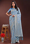 Woven Cotton Saree in Light Blue