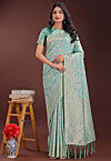 Woven Cotton Saree in Light Blue