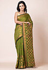 Woven Cotton Saree in Olive Green