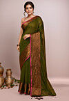 Woven Cotton Saree in Olive Green