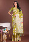 Woven Cotton Saree in Olive Green