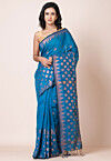 Woven Cotton Saree in Teal Blue