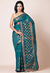 Woven Cotton Saree in Teal Blue