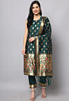 Woven Cotton Silk Jacquard Pakistani Suit in Dark Green