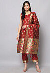 Woven Cotton Silk Jacquard Pakistani Suit in Maroon