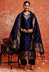 Woven Cotton Silk Jacquard Pakistani Suit in Navy Blue