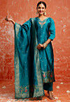 Woven Cotton Silk Jacquard Pakistani Suit in Teal Blue