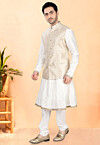 Woven Cotton Silk Kurta Set in Off White and Cream