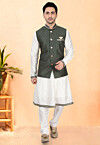 Woven Cotton Silk Kurta Set in Off White and Green