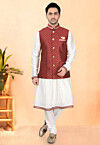 Woven Cotton Silk Kurta Set in Off White and Maroon