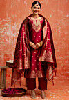 Woven Cotton Silk Pakistani Suit in Maroon