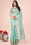 Woven Cotton Silk Saree in Turquoise