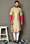 Woven Dupion Silk Asymmetric Kurta Set in Beige