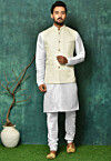 Woven Dupion Silk Jacket Kurta Set in White