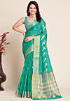 Woven Kota Doria Saree in Teal Green