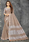 Woven Linen Cotton Saree in Brown