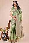 Woven Linen Cotton Saree in Green