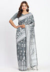 Woven Linen Cotton Saree in Grey
