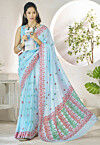 Woven Linen Cotton Saree in Light Blue
