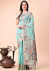 Woven Linen Cotton Saree in Light Blue