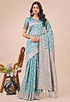 Woven Linen Cotton Saree in Light Teal Blue