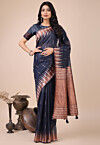 Woven Linen Cotton Saree in Navy Blue