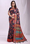 Woven Linen Cotton Saree in Navy Blue