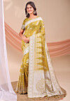 Woven Linen Cotton Saree in Olive Green