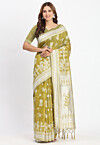 Woven Linen Cotton Saree in Olive Green