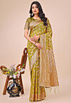 Woven Linen Cotton Saree in Olive Green