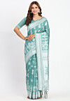 Woven Linen Cotton Saree in Sea Green
