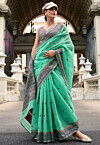 Woven Linen Cotton Saree in Sea Green