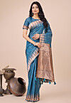 Woven Linen Cotton Saree in Teal Blue