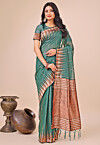 Woven Linen Cotton Saree in Teal Green
