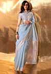 Woven Linen Saree in Light Blue