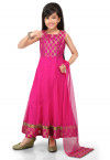 Woven Net Abaya Style Suit in Fuchsia