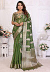 Woven Organza Saree in Olive Green