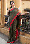 Woven Pure Linen Saree in Dark Green