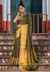 Woven Pure Linen Saree in Dark Olive Green