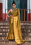 Woven Pure Linen Saree in Dark Olive Green