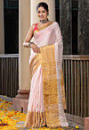 Woven Pure Linen Saree in Light Pink