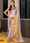 Woven Pure Linen Saree in Light Purple
