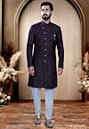 Woven Terry Rayon Jacquard Sherwani in Wine
