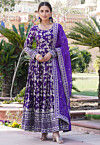 Woven Viscose Silk Abaya Style Suit in Purple