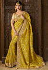 Woven Viscose Tissue Jacquard Scalloped Saree in Yellow