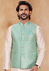 WoWoven Art Silk Jacquard Nehru Jacket in Turquoise