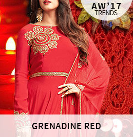 AW'17 Trend GRENADINE: Sarees, Salwar Suits, Lehengas, Skirts and more in Red. Shop! AW'17 Trend GRENADINE: Sarees, Salwar Suits, Lehengas, Skirts and more in Red. Shop!
